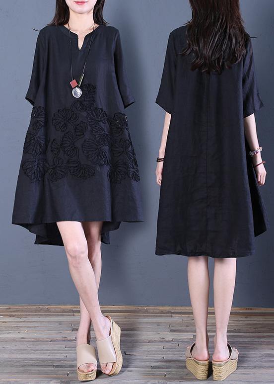 Beautiful black linen dress v neck low high design cotton summer Dress - SooLinen