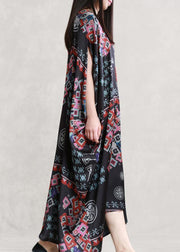 Beautiful black print clothes v neck Batwing Sleeve Traveling summer Dress - SooLinen