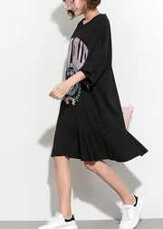 Wunderschönes, schwarzes, bedrucktes Leinen-Tuniken, Vintage-Form, kurzes Frühlingskleid mit O-Ausschnitt