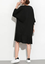 Wunderschönes, schwarzes, bedrucktes Leinen-Tuniken, Vintage-Form, kurzes Frühlingskleid mit O-Ausschnitt