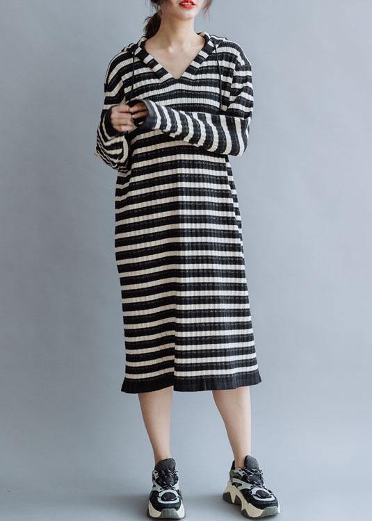 Beautiful black striped cotton quilting dresses hooded Kaftan fall Dress - SooLinen
