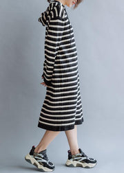 Beautiful black striped cotton quilting dresses hooded Kaftan fall Dress - SooLinen