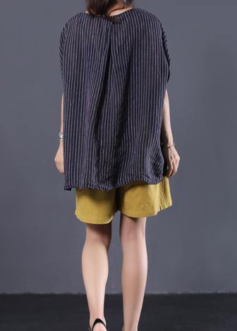 Beautiful black striped linen clothes For Women v neck baggy summer top - SooLinen