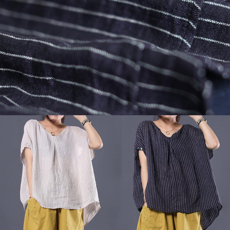Beautiful black striped linen clothes For Women v neck baggy summer top - SooLinen