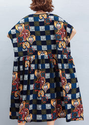 Beautiful blue Plaid cotton dresses Vintage Fabrics o neck large hem cotton summer Dress