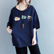 Beautiful blue cotton blouses for women fine Fabrics Half sleeve pockets Art shirts