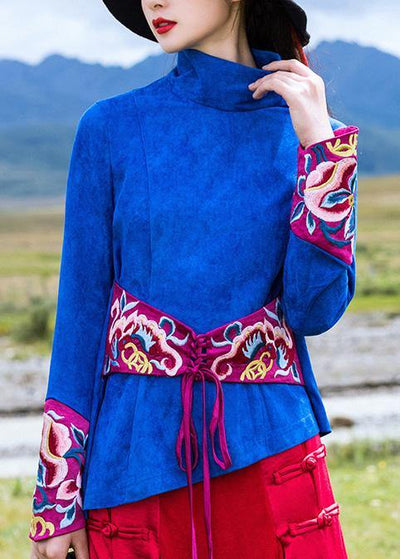 Beautiful blue cotton crane tops embroidery box high neck blouse - SooLinen