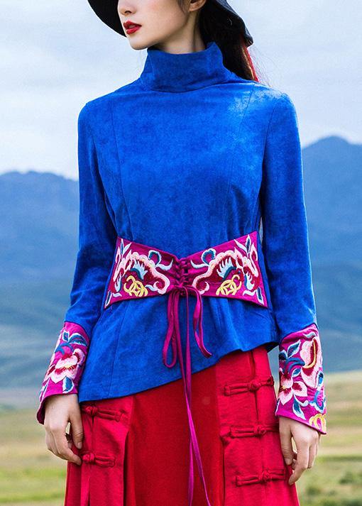 Beautiful blue cotton crane tops embroidery box high neck blouse - SooLinen