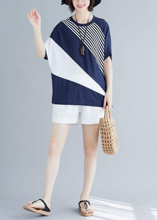 Beautiful blue o neck cotton crane tops batwing sleeve short summer blouse - SooLinen