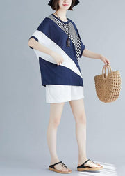 Beautiful blue o neck cotton crane tops batwing sleeve short summer blouse - SooLinen