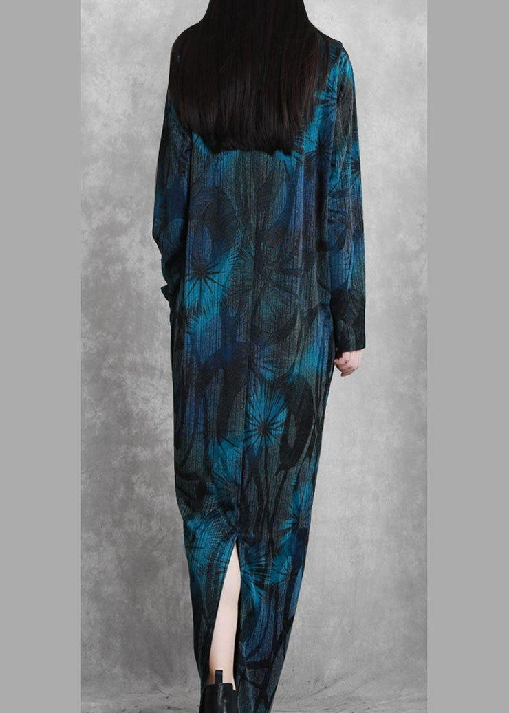 Beautiful blue print dresses v neck asymmetric Plus Size Dresses - SooLinen