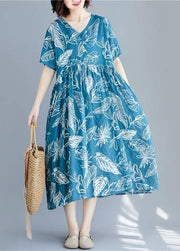 Beautiful blue print linen clothes For Women v neck Cinched cotton summer Dresses - SooLinen