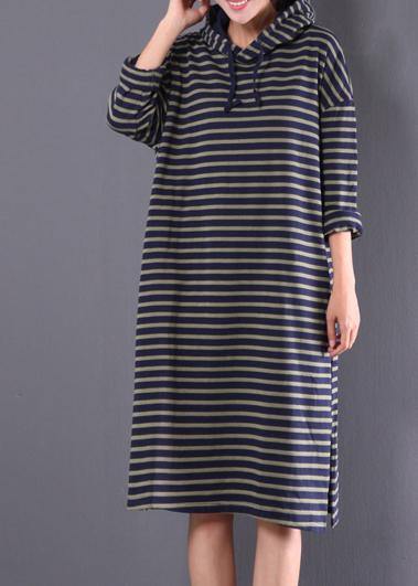 Beautiful blue striped linen clothes For Women hooded drawstring daily spring Dress - SooLinen