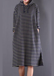 Beautiful blue striped linen clothes For Women hooded drawstring daily spring Dress - SooLinen