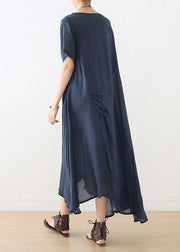 Beautiful blue Cinched cotton Tunics asymmetric long summer Dress - SooLinen
