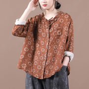 Beautiful brown print top silhouette o neck Button Down Dresses blouses - SooLinen