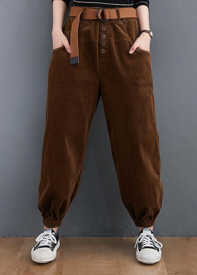 Beautiful casual pants unique chocolate Sewing pockets thick pants - SooLinen