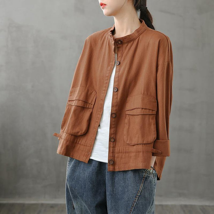 Beautiful chocolate Plus Size coats women design stand collar pockets coats - SooLinen