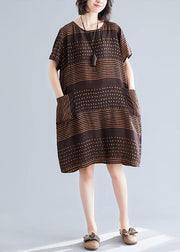 Beautiful chocolate dotted Cotton tunic top o neck pockets short Dress - SooLinen