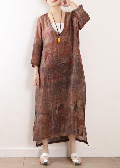 Beautiful chocolate print linen clothes For Women v neck side open Maxi Dresses - SooLinen