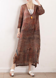 Beautiful chocolate print linen clothes For Women v neck side open Maxi Dresses - SooLinen