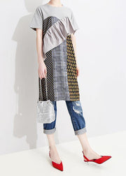 Beautiful cotton Tunics Drops Design Spliced Short Sleeve Round Neck Women Dress - SooLinen