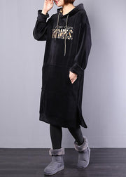 Schöne Baumwolle Kleiderschränke Pakistani Hoodie Drawstring Letter Fleece Loose Midi Dress