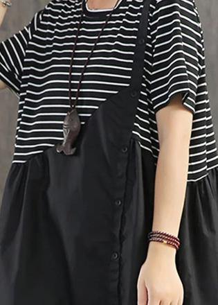 Beautiful cotton clothes Boho Stripes Spliced Round Collar Casual Dress - SooLinen