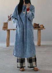 Beautiful cotton dress Fashion Retro Solid Color Frog Denim Blue Loose Dress - SooLinen
