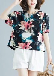 Beautiful floral cotton tunic pattern short sleeve daily summer shirt - SooLinen