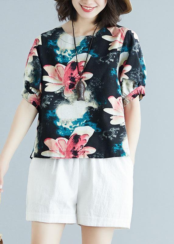 Beautiful floral cotton tunic pattern short sleeve daily summer shirt - SooLinen
