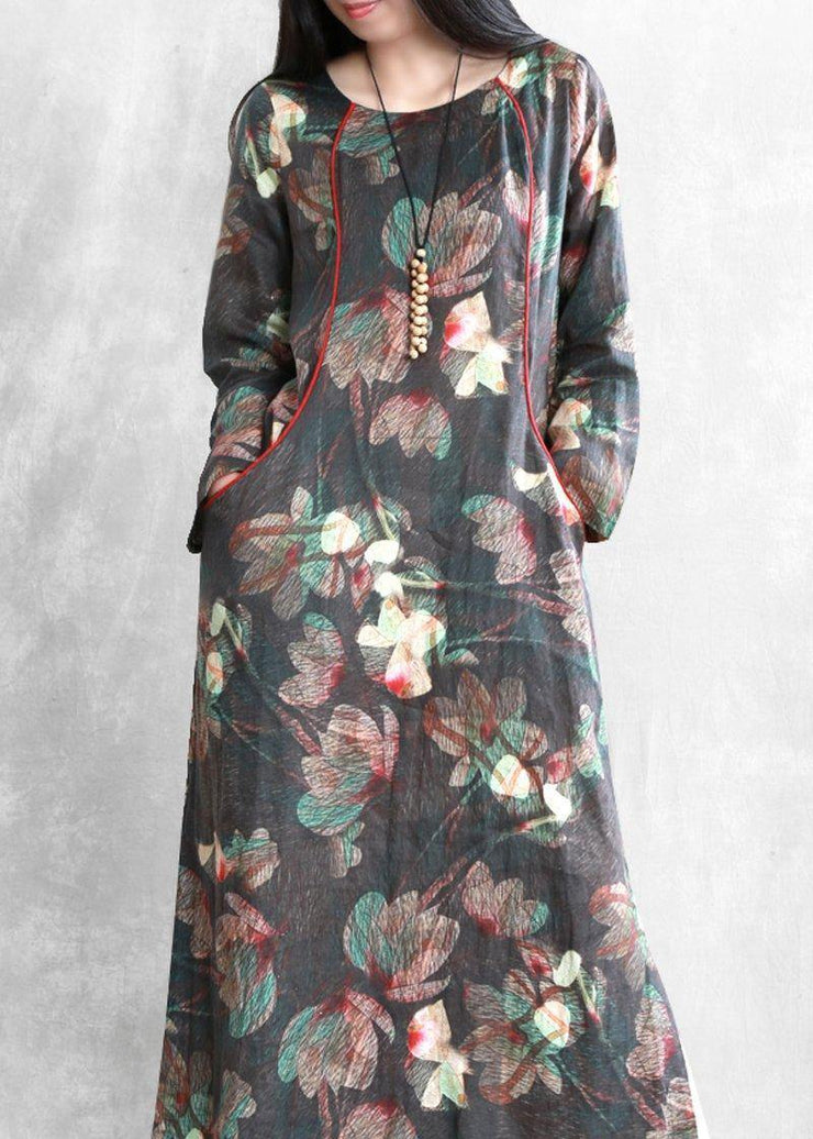 Beautiful floral linen dresses o neck pockets Maxi Dresses - SooLinen