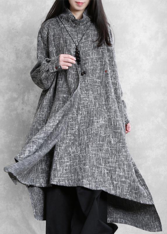 Beautiful gray Plaid linen clothes high neck asymmetric Traveling Dresses - SooLinen