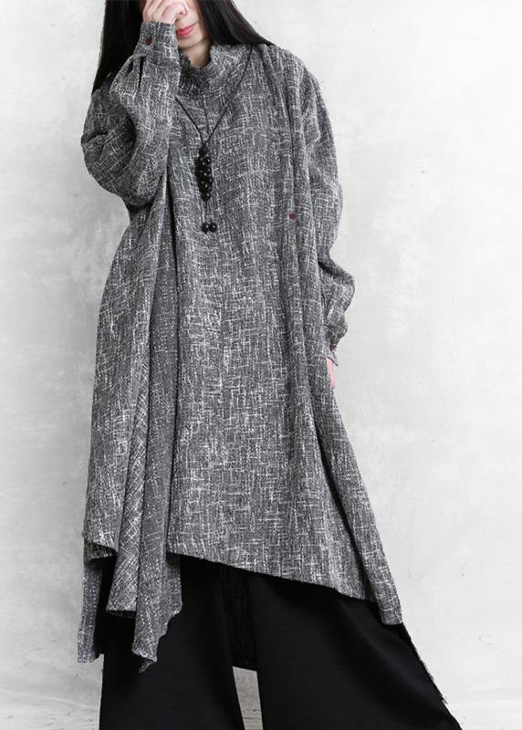 Beautiful gray Plaid linen clothes high neck asymmetric Traveling Dresses - SooLinen