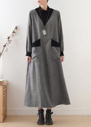 Beautiful gray cotton quilting clothes high neck patchwork Dresses fall Dresses - SooLinen