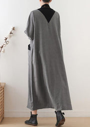 Beautiful gray cotton quilting clothes high neck patchwork Dresses fall Dresses - SooLinen