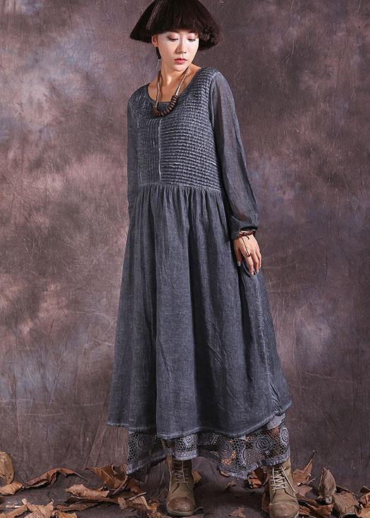 Beautiful gray long sleeve linen cotton clothes For Women Cinched long summer Dresses - SooLinen