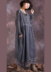 Beautiful gray long sleeve linen cotton clothes For Women Cinched long summer Dresses - SooLinen