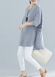 Beautiful gray striped cotton clothes For Women Batwing Sleeve loose summer blouse - SooLinen