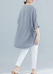 Beautiful gray striped cotton clothes For Women Batwing Sleeve loose summer blouse - SooLinen