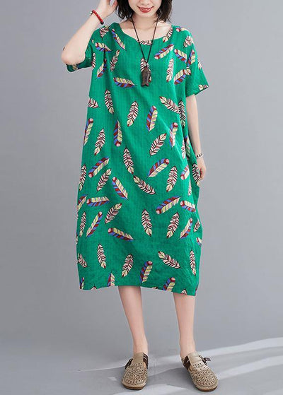 Beautiful green Feather print clothes o neck cotton robes Dresses - SooLinen