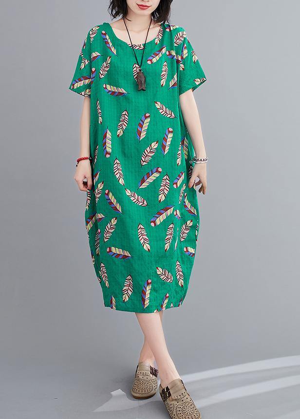 Beautiful green Feather print clothes o neck cotton robes Dresses - SooLinen