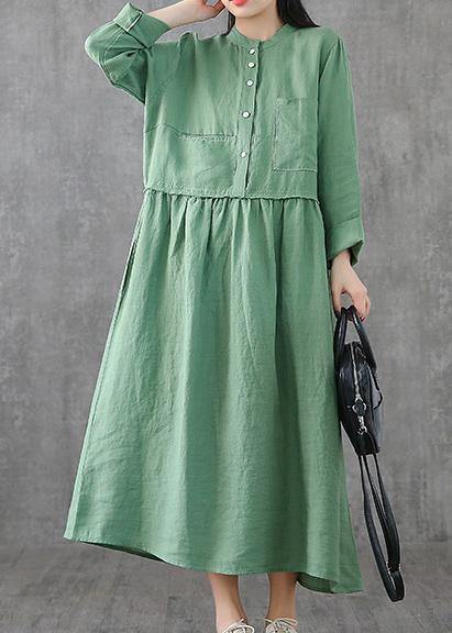 Beautiful green linen clothes For Women o neck patchwork Maxi spring Dresses - SooLinen