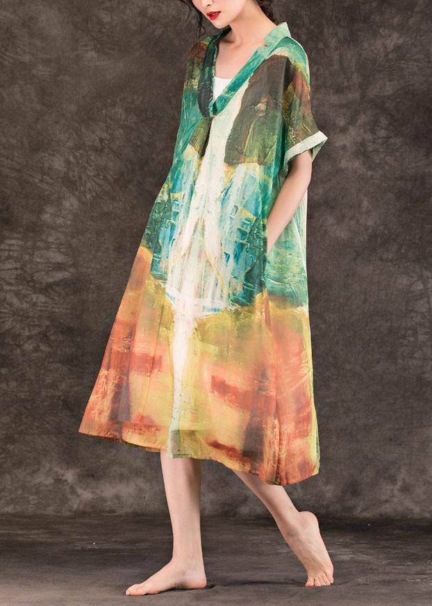 Beautiful green print linen clothes For Women v neck patchwork Maxi summer Dresses - SooLinen