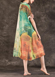 Beautiful green print linen clothes For Women v neck patchwork Maxi summer Dresses - SooLinen
