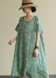 Beautiful green print linen clothes o neck loose summer Dresses - SooLinen