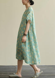 Beautiful green print linen clothes o neck loose summer Dresses - SooLinen