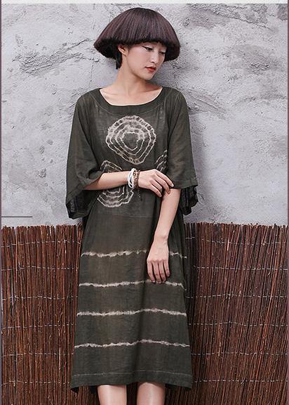 Beautiful green prints linen Tunic side open Plus Size Clothing summer Dress - SooLinen