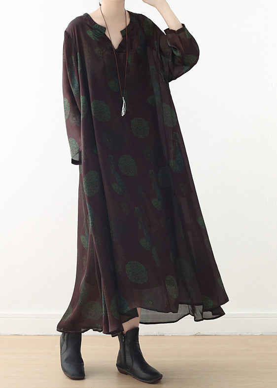 Schöne grün-violette Drucke Seidenkleid Boutique Fabrics V-Ausschnitt lange Sommerkleider