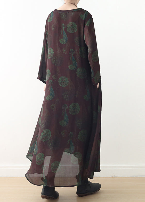 Beautiful green purple prints silk dress boutique Fabrics v neck long summer Dresses